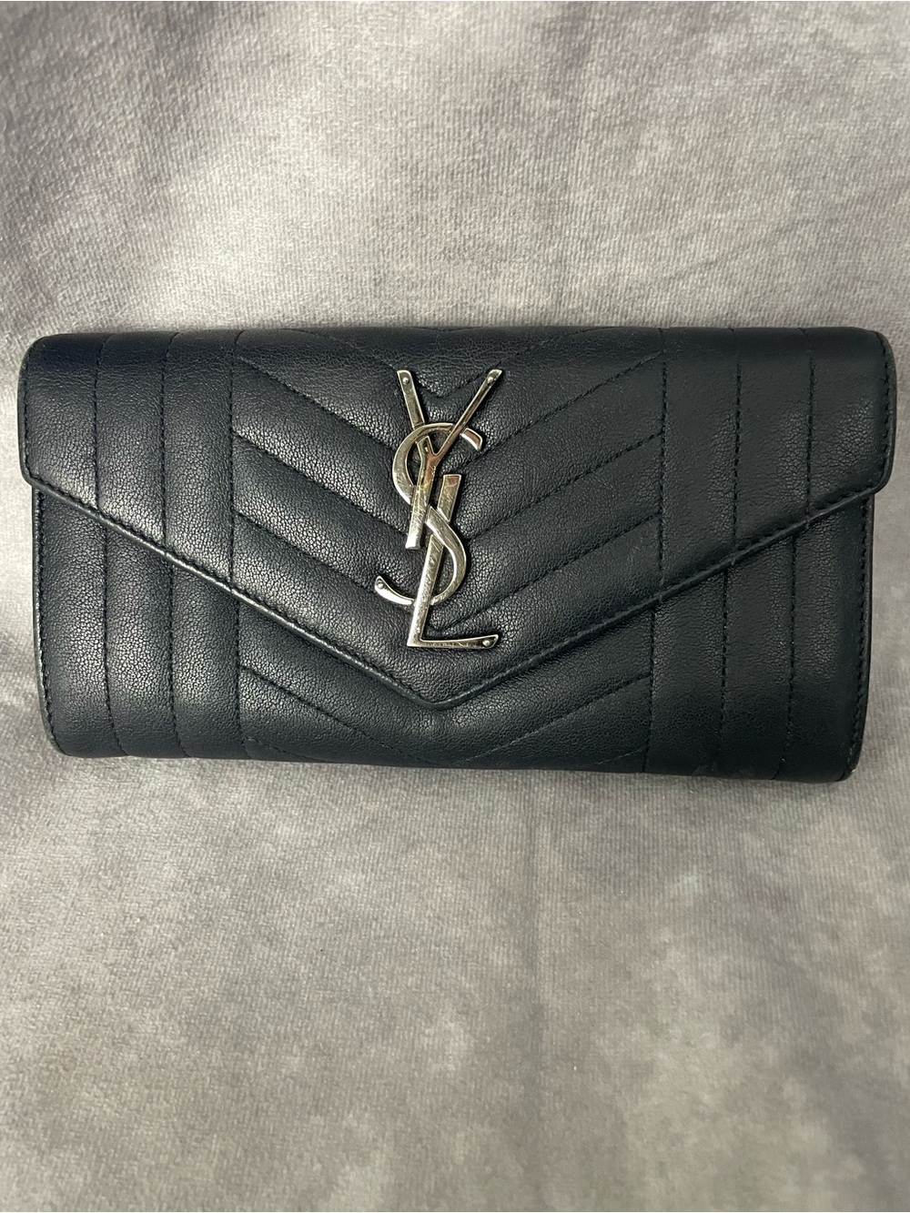 Saint Laurent Dark Blue Chevron Quilted Leather Long Wallet with YSL Logo